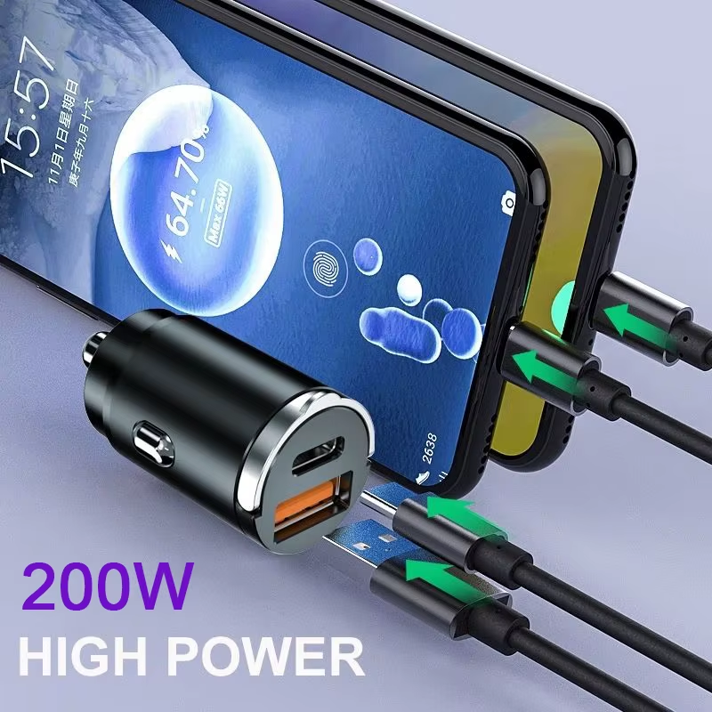 200W Car USB Charger Super Charge USB-A USB-C Cigarette Lighter Adapter Hidden Phone Charger
