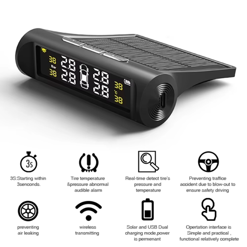 External Sensor Tyre Temperature Alarm 0.1-3.5 Bar Solar Power Warning System LCD Display Alarm Tire Pressure Sensor