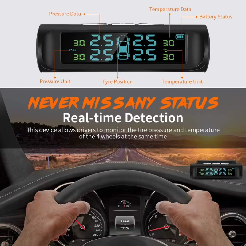 External Sensor Tyre Temperature Alarm 0.1-3.5 Bar Solar Power Warning System LCD Display Alarm Tire Pressure Sensor