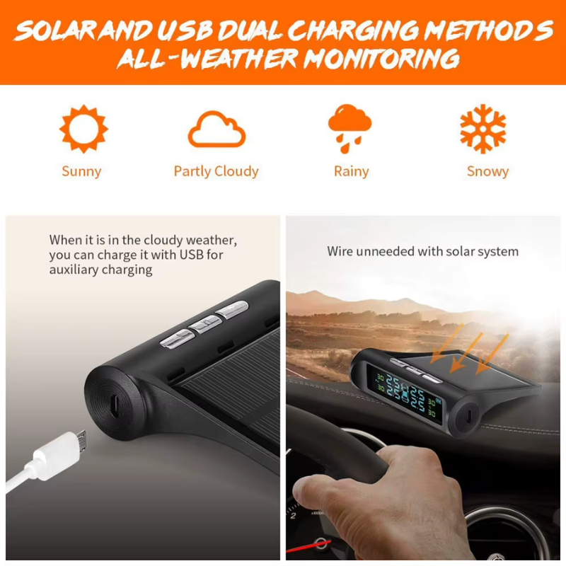 External Sensor Tyre Temperature Alarm 0.1-3.5 Bar Solar Power Warning System LCD Display Alarm Tire Pressure Sensor