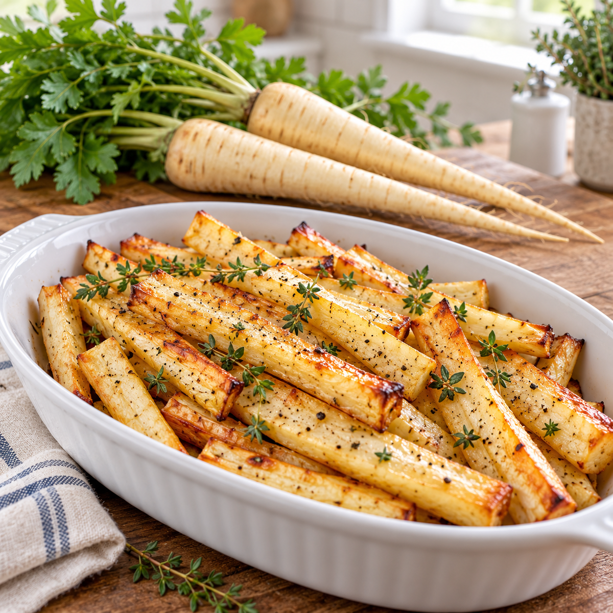 Roasted parsnip sticks in a white oval baking dish, garnished with fresh thyme, with whole parsnips and parsley visible in the background on a wooden table.