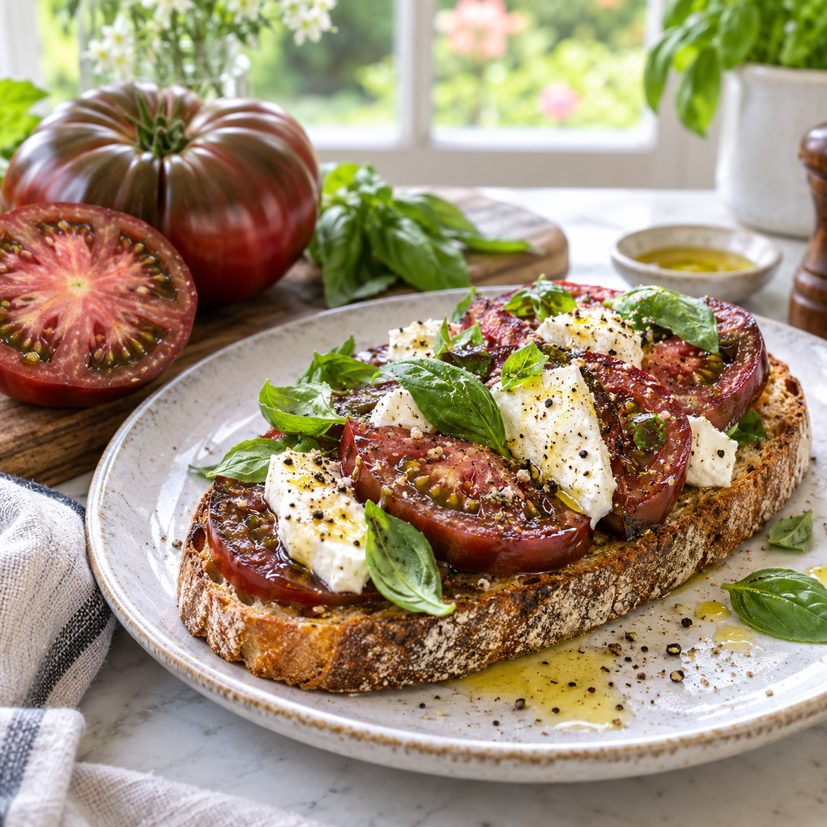 Sourdough toast topped with Black Brandywine tomato slices, mozzarella, basil, and olive oil