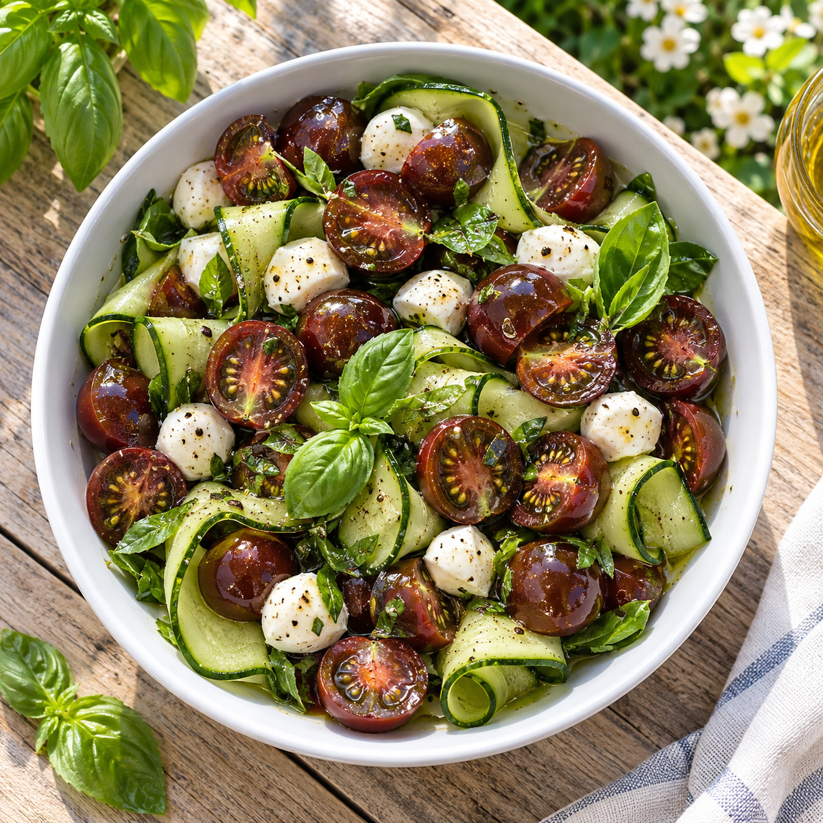 Fresh salad made with Black Cherry tomatoes, basil, mozzarella and cucumber