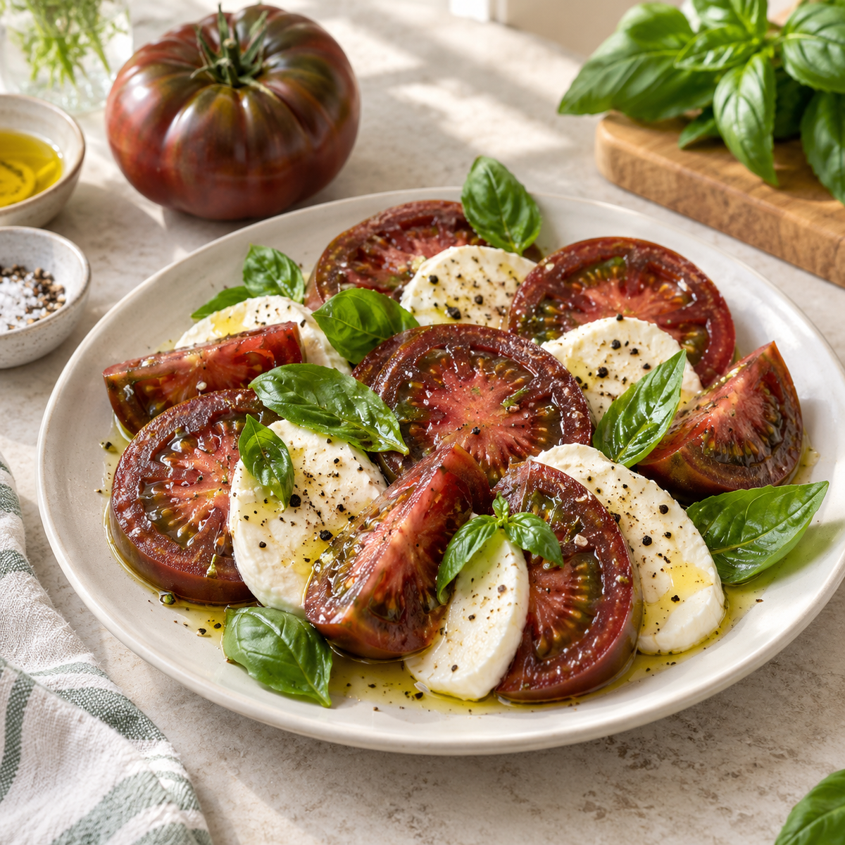 Fresh Caprese salad prepared with Black Krim tomatoes, mozzarella and basil