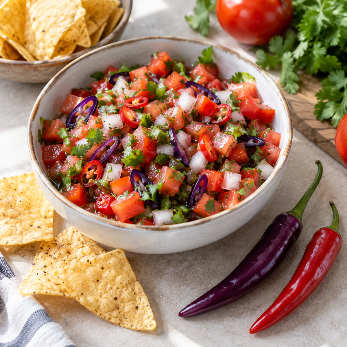 Fresh garden salsa prepared with purple and red Buena Mulata hot peppers