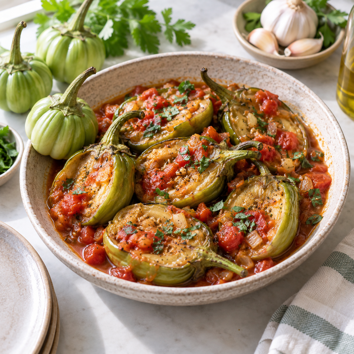 Young green Pumpkin on a Stick eggplants cooked in a savory tomato and herb sauce