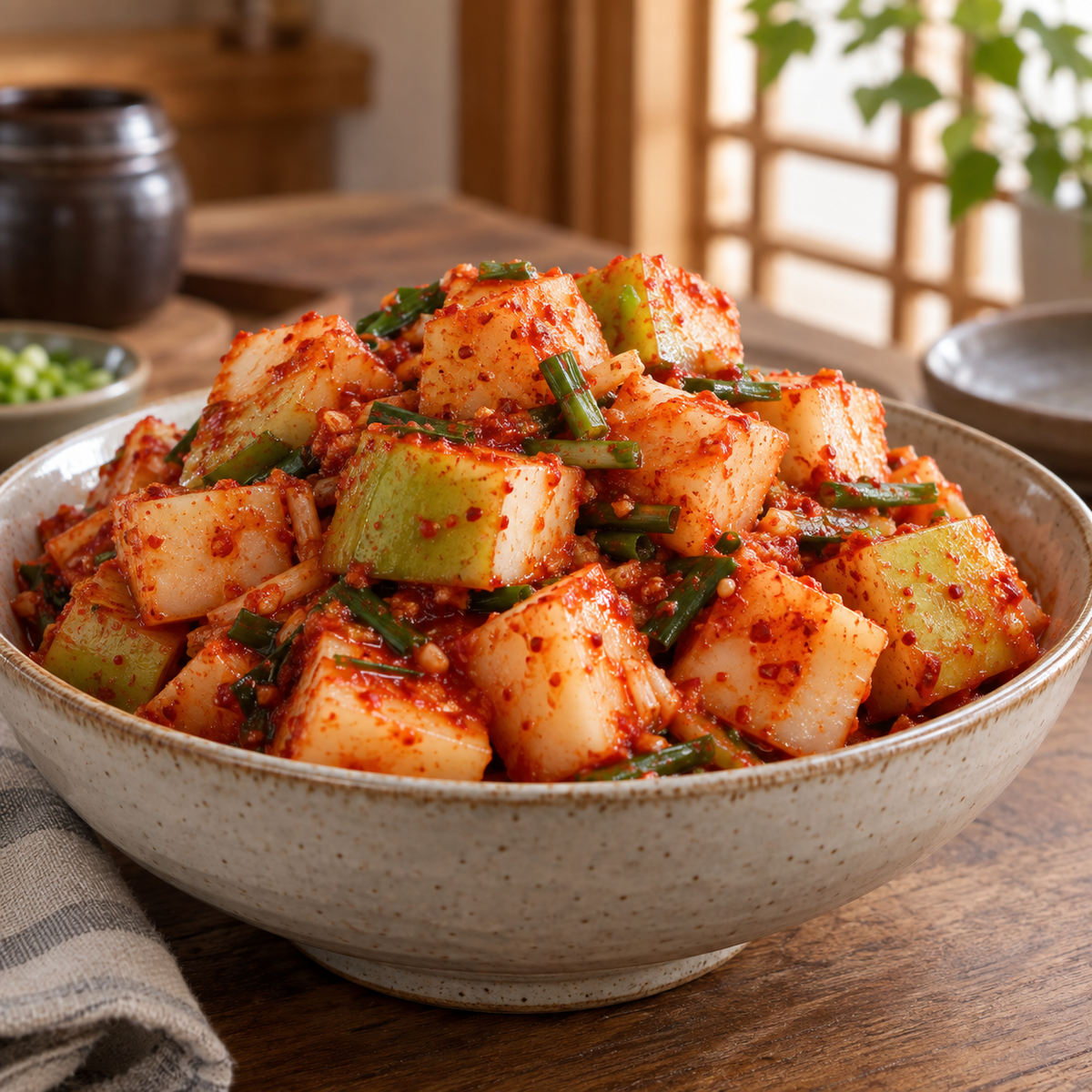 Chunky Korean kkakdugi kimchi made from Cheong Du green-shoulder radishes in a ceramic bowl