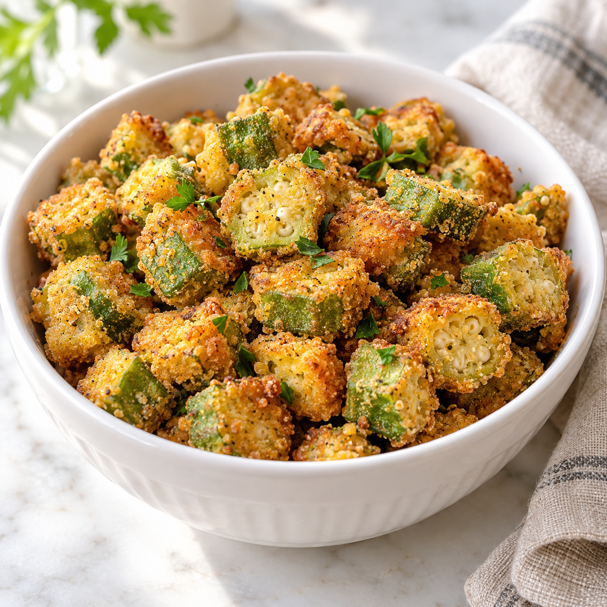 Golden cornmeal-fried okra slices served in a white bowl with fresh parsley garnish.