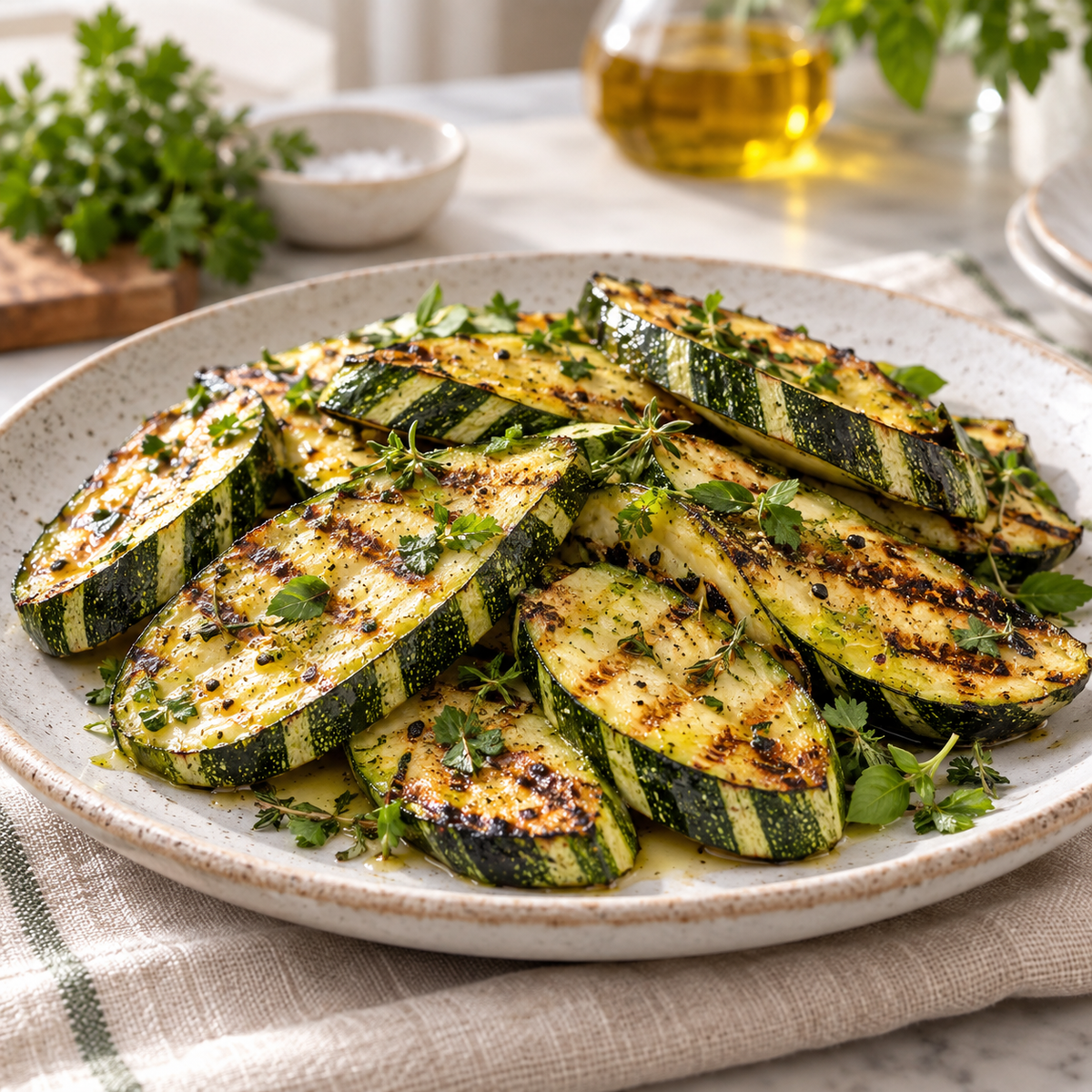Grilled Cocozelle zucchini slices with fresh herbs on a ceramic plate