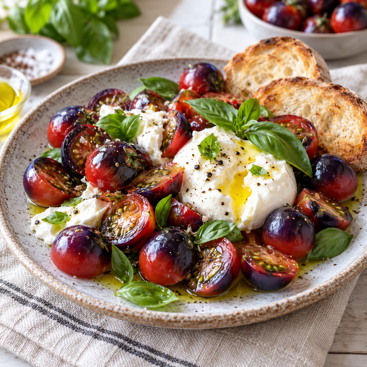 Dancing With Smurfs tomato salad with burrata, fresh basil, olive oil, and toasted bread