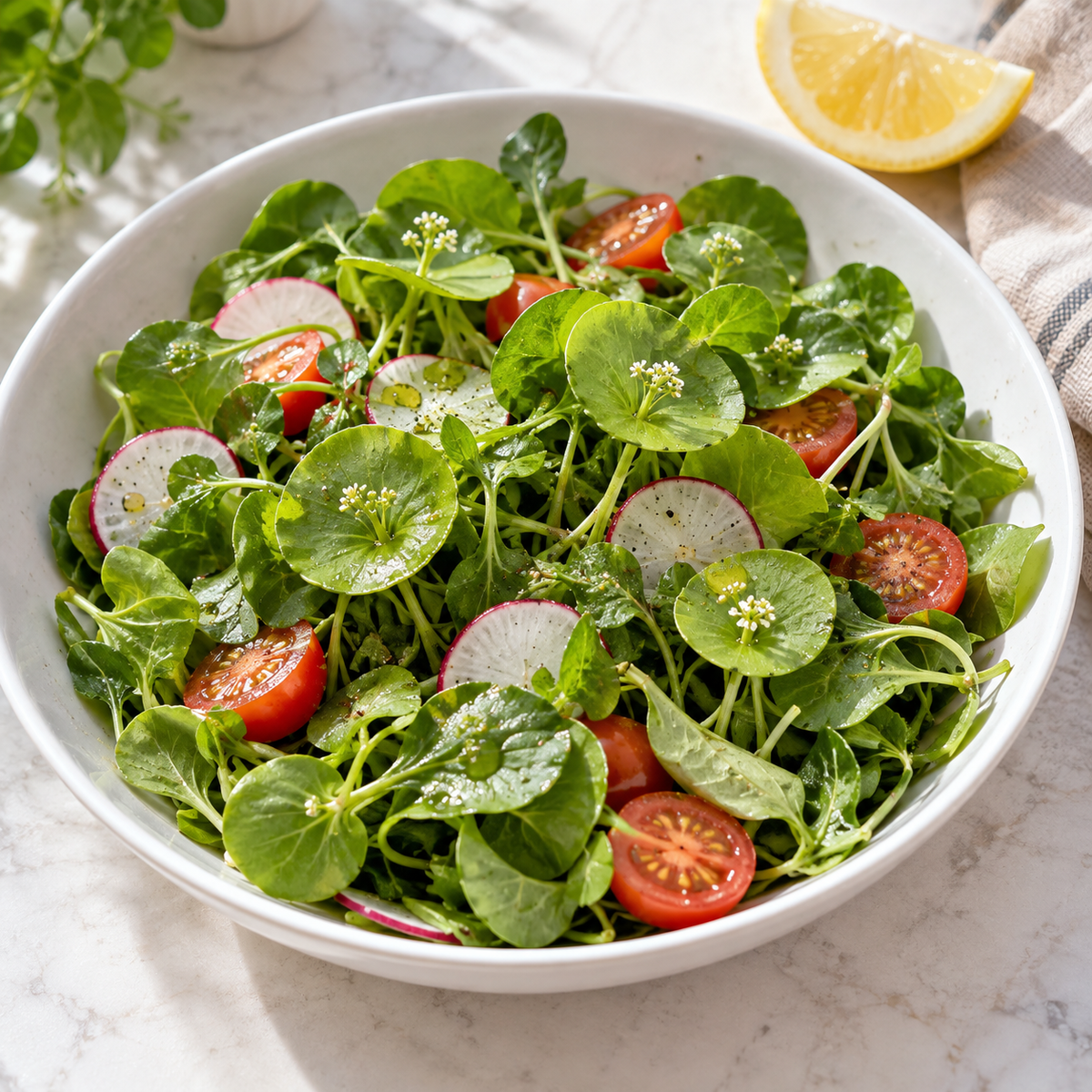 Miner’s lettuce salad with cherry tomatoes and sliced radishes in a white bowl.