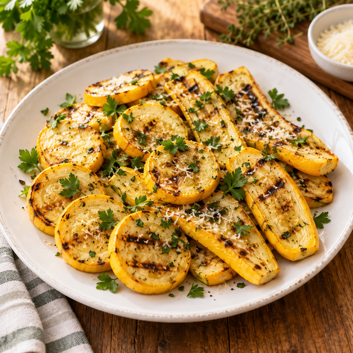 Grilled Golden Zucchini with herbs and Parmesan served on a white plate