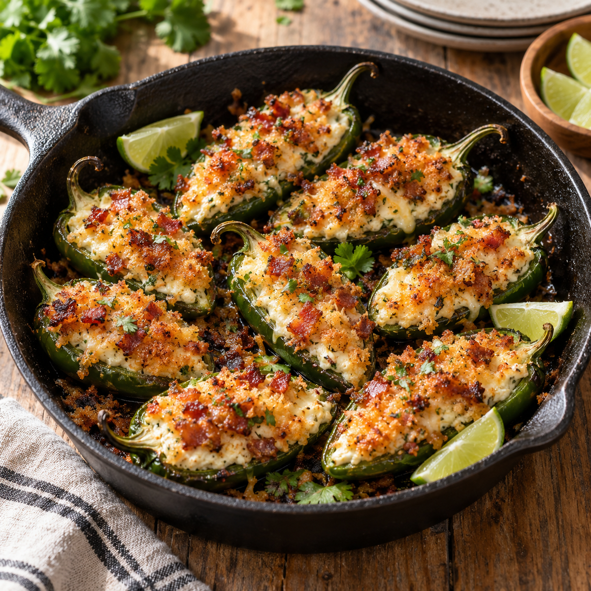 Baked jalapeno poppers filled with creamy cheese and crispy bacon in a cast-iron skillet