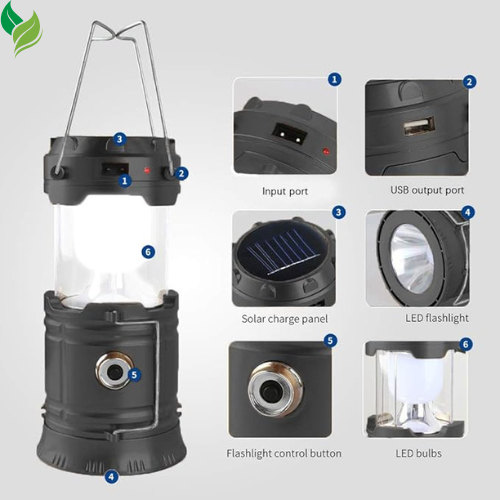 LED Camping Lantern – Solar & USB Rechargeable, Collapsible & Portable Flashlight for Camping, Hiking, Night Fishing, Emergency, Hurricane, and Storm Use