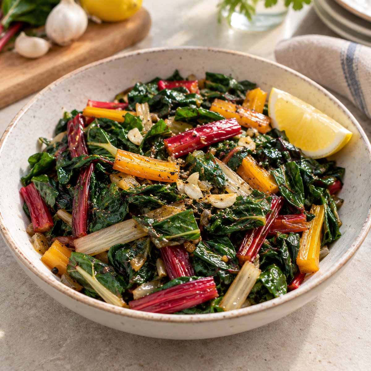 Sautéed Organic Rainbow Swiss Chard with garlic and fresh lemon