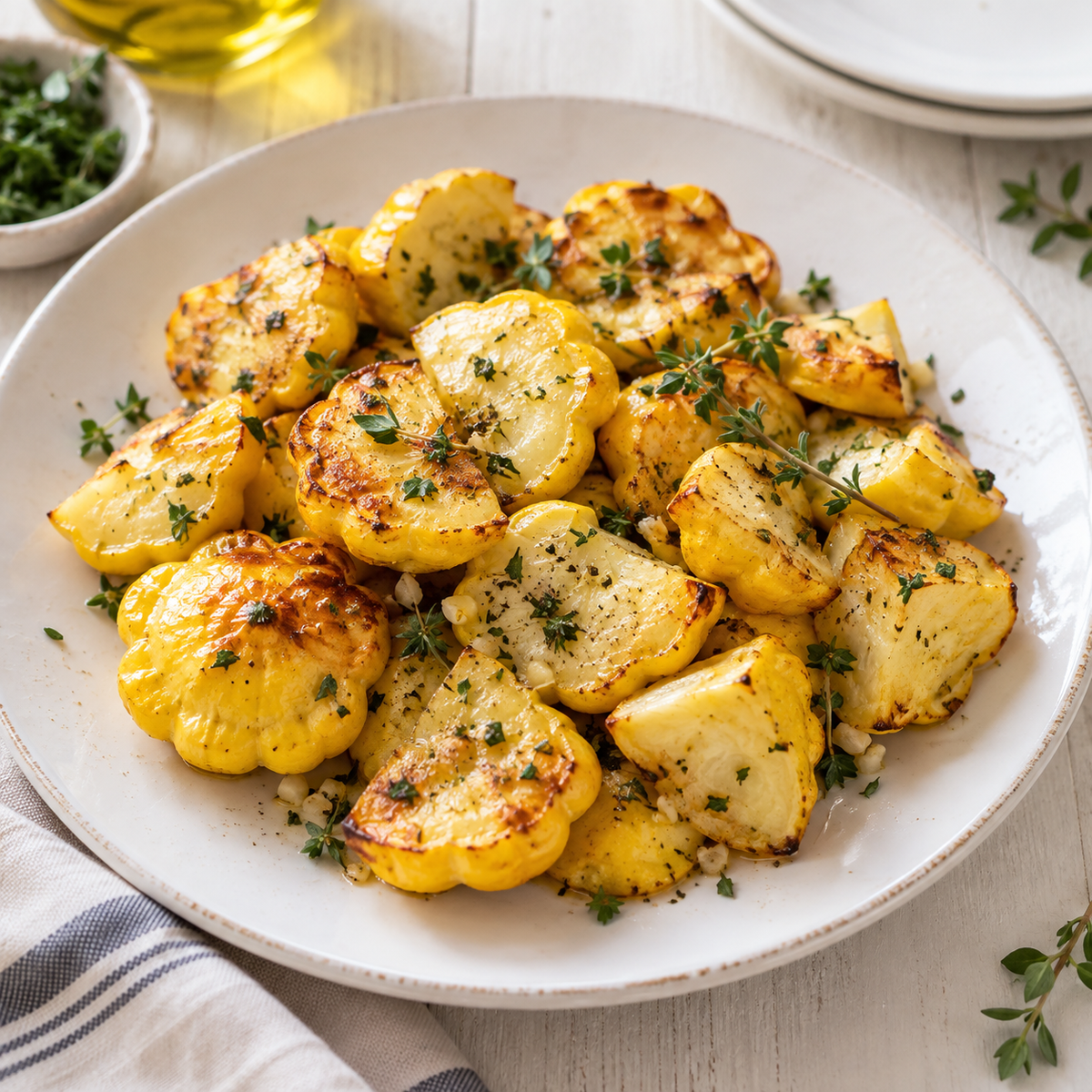 Roasted Organic Yellow Bush Scallop summer squash with garlic and fresh herbs on a ceramic plate