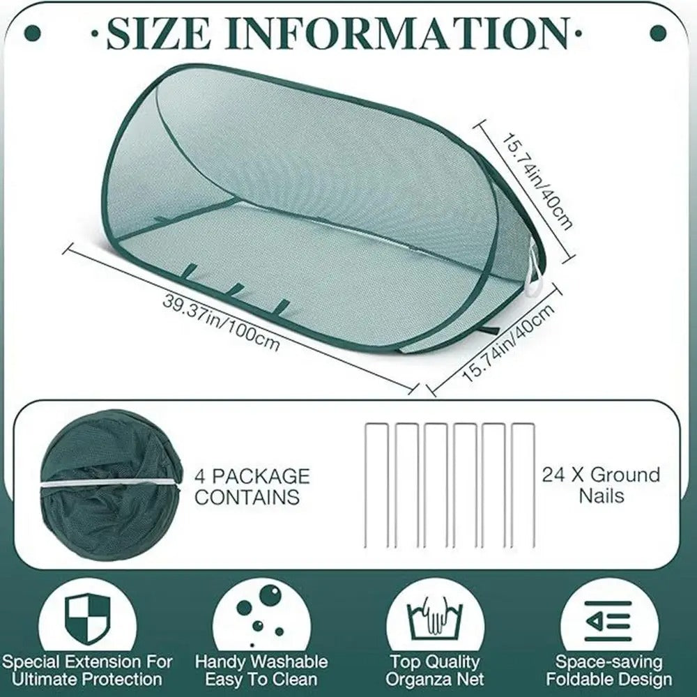 Green pop-up mesh plant cover with a diagram showing its dimensions and product features.