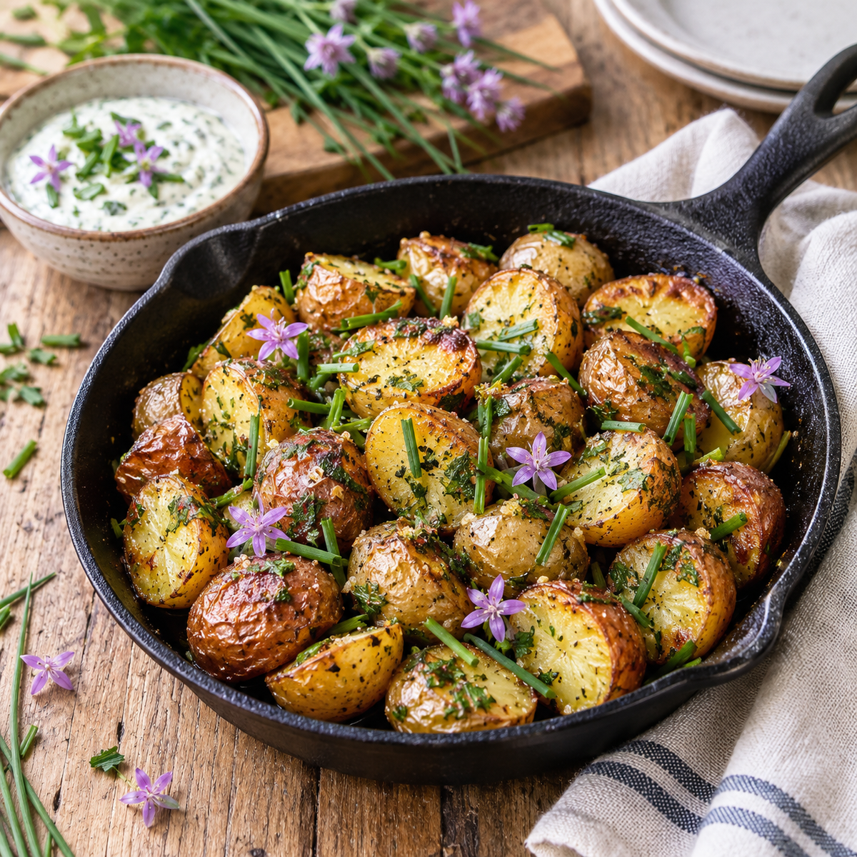 Roasted potatoes garnished with edible Prairie Onion leaves and flowers
