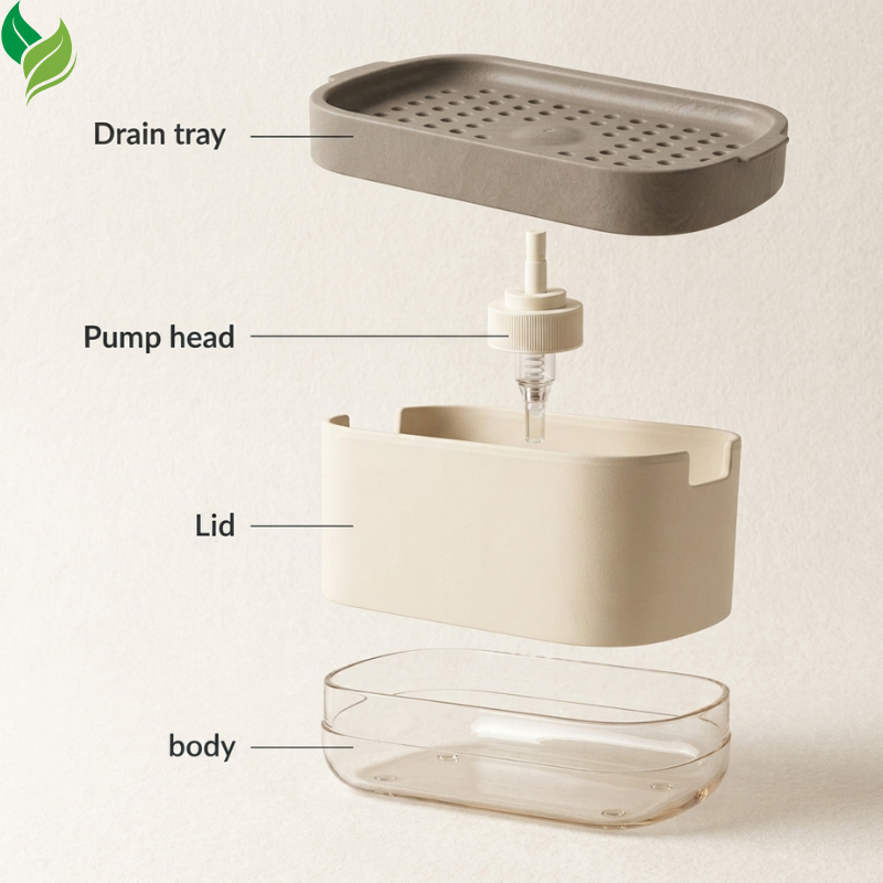 Compact soap dispenser keeping a sponge organized beside the sink