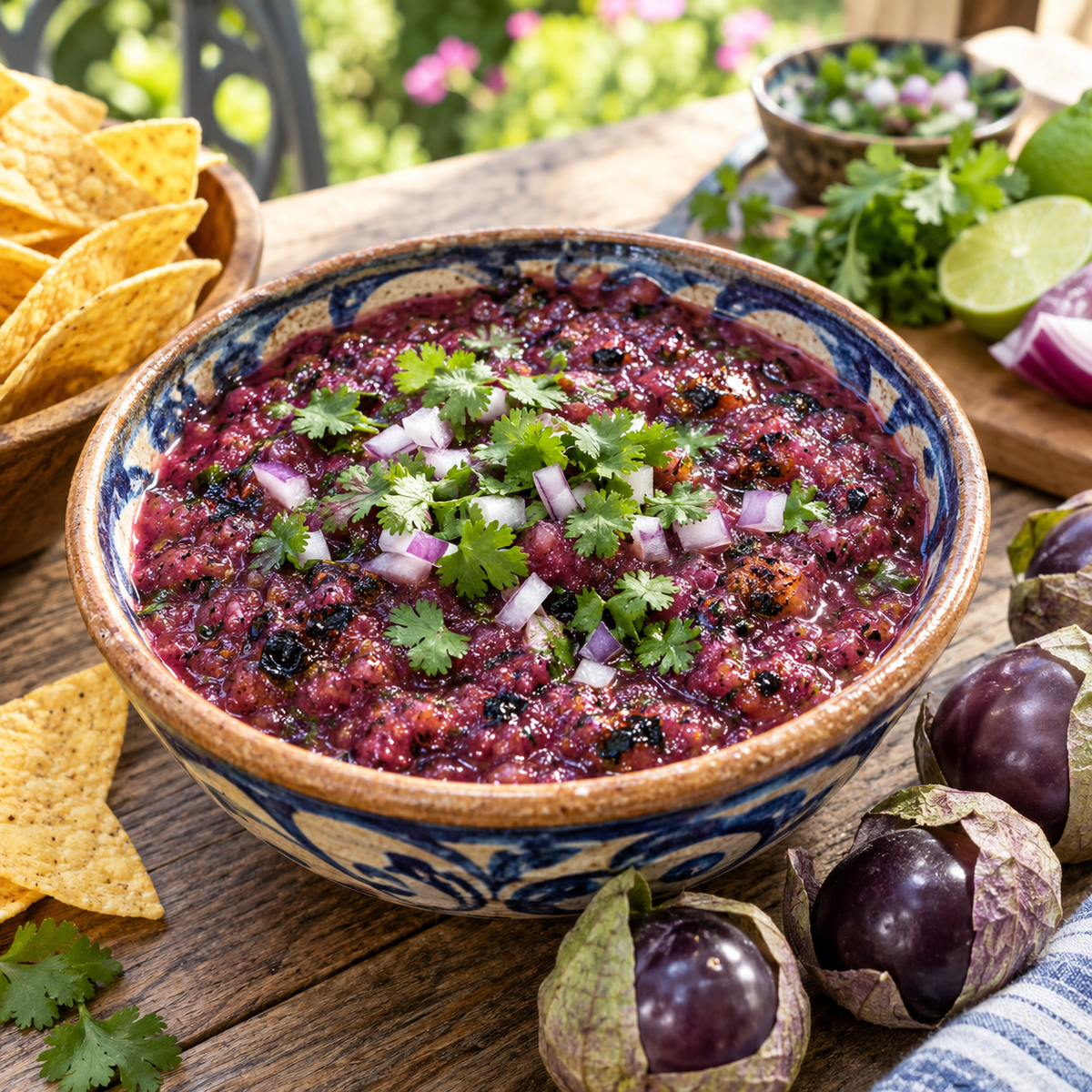 Homemade roasted Purple Tomatillo salsa served with tortilla chips and fresh cilantro