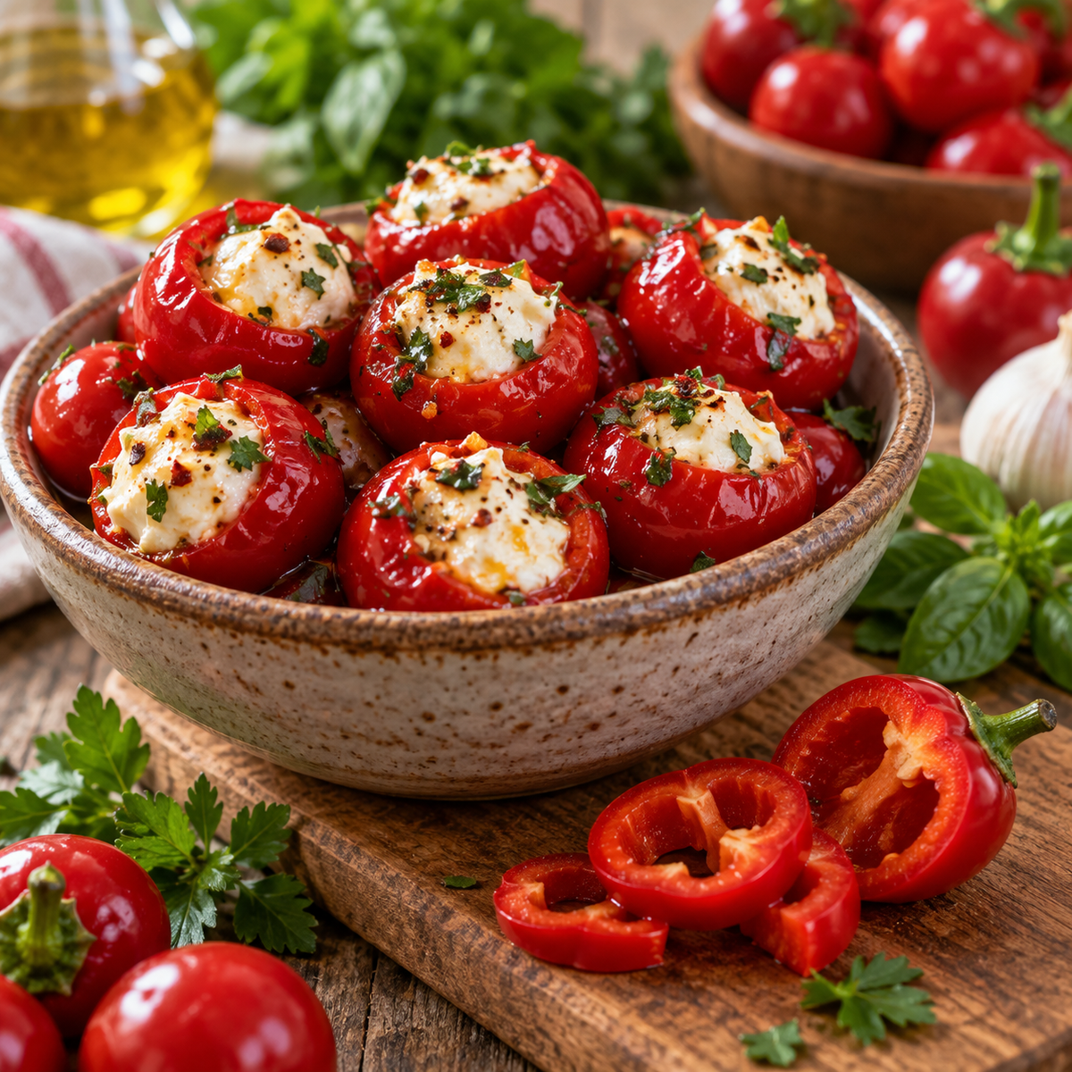 Homemade cherry pepper poppers with sliced red peppers