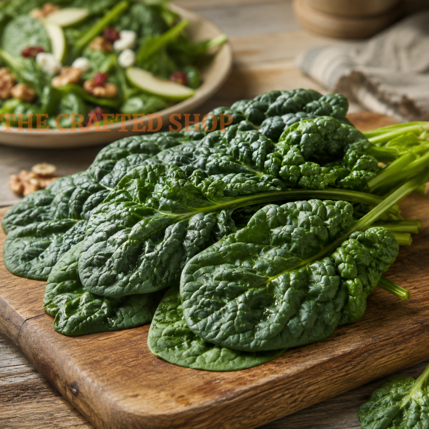 Fresh curly Bloomsdale spinach leaves piled on a wooden cutting board