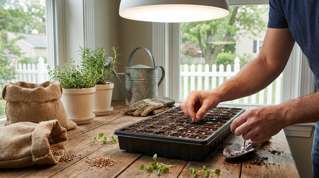 beginner planting vegetable seeds in seed tray