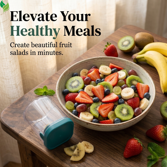 Fruit slicer with strawberries, kiwi, grapes and bananas on a kitchen counter