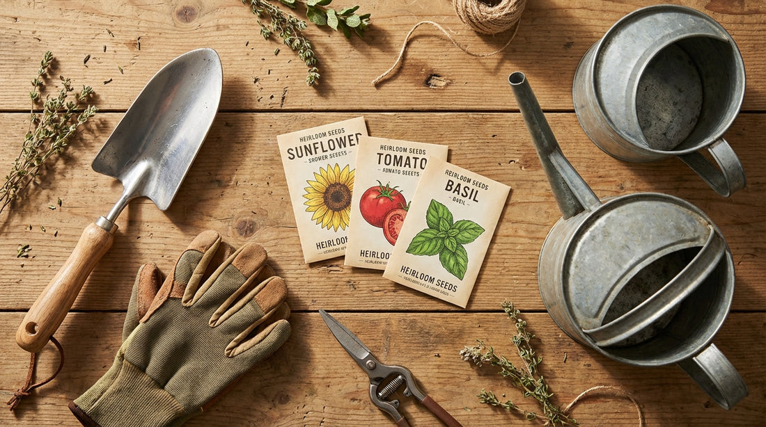 Essential hand tools arranged for a beginner home garden