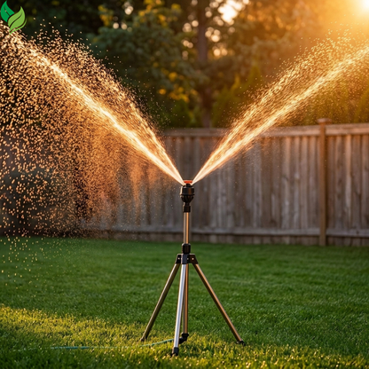 360-degree rotating garden sprinkler mounted on a metal tripod