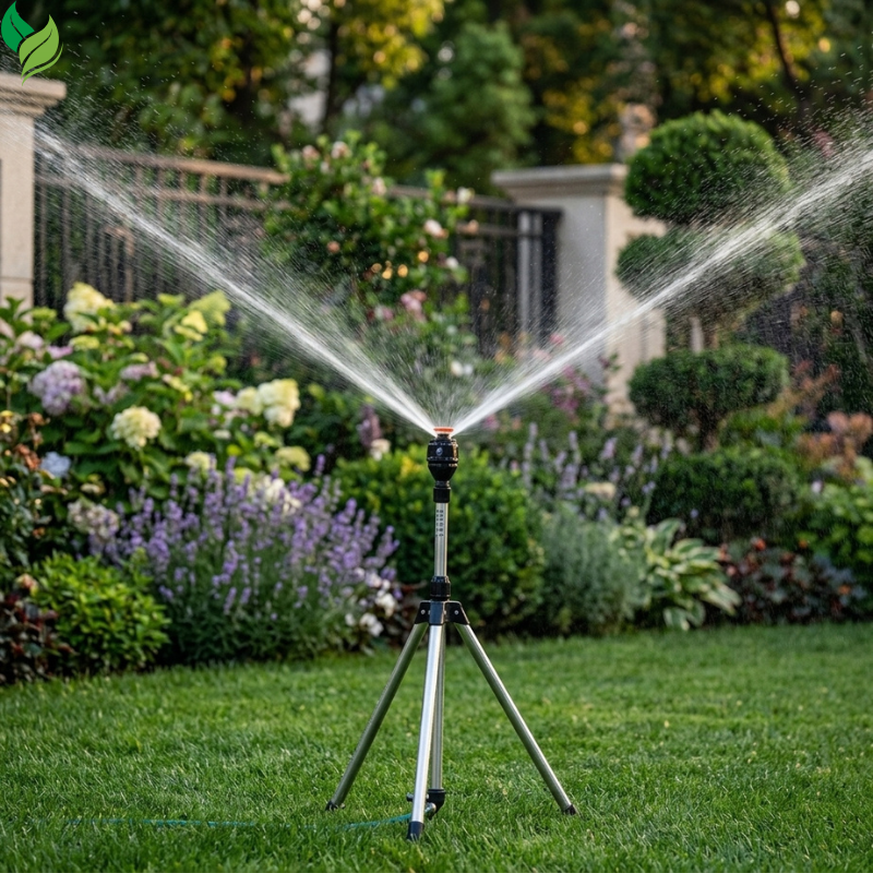 Tripod sprinkler connected to a garden hose on the lawn
