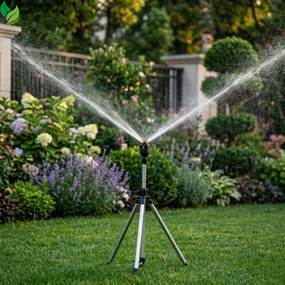 Tripod sprinkler connected to a garden hose on the lawn