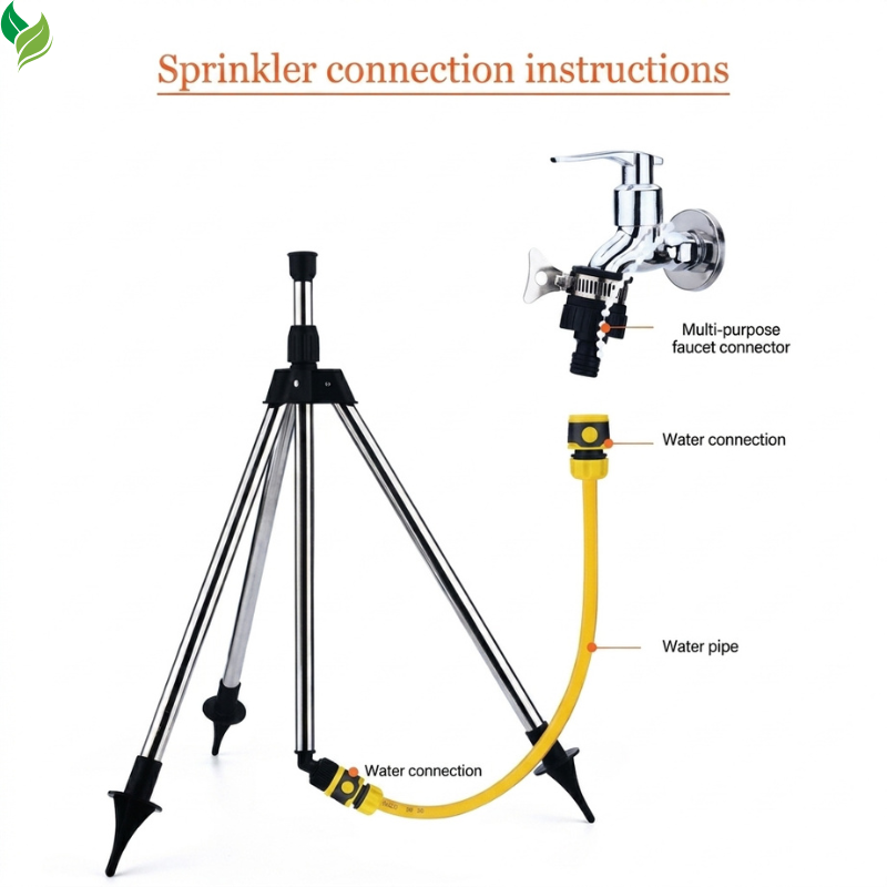 Tripod lawn sprinkler watering flowers and backyard plants