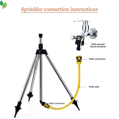 Tripod lawn sprinkler watering flowers and backyard plants