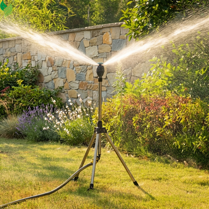 Tripod garden sprinkler watering a green backyard lawn