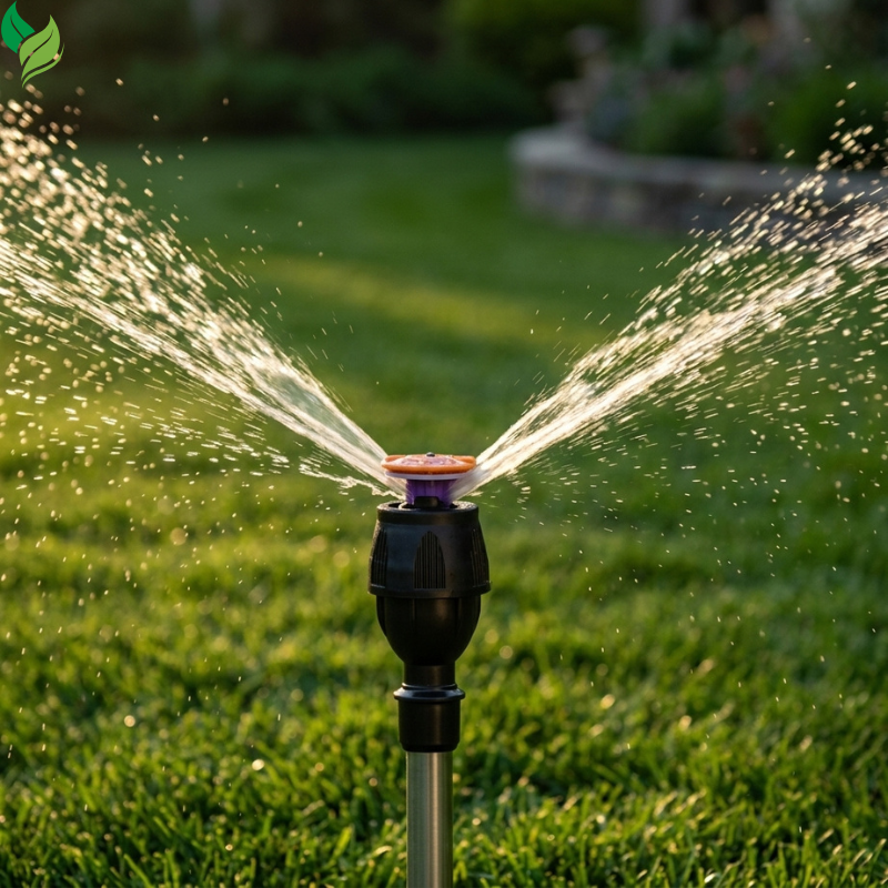 Rotating sprinkler spraying water across a suburban garden