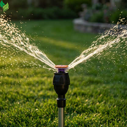 Rotating sprinkler spraying water across a suburban garden