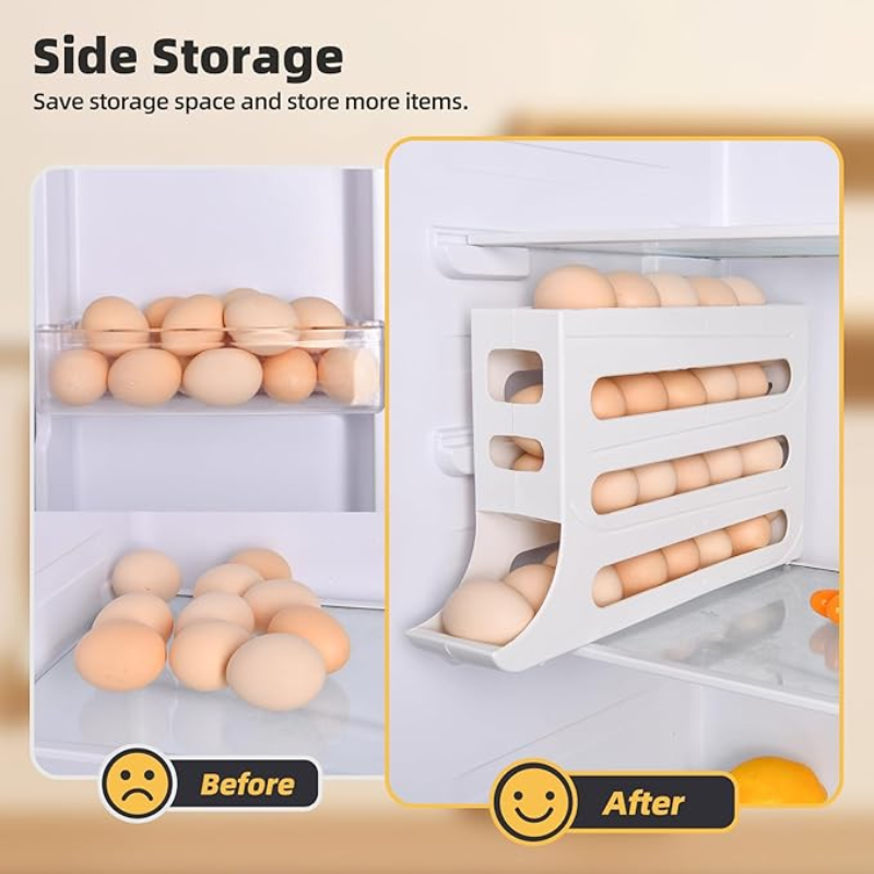 30 Egg Holder for Fridge, 4 Tier Auto Rolling Egg Organizer for Refrigerator