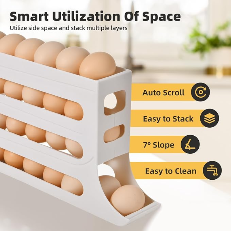 30 Egg Holder for Fridge, 4 Tier Auto Rolling Egg Organizer for Refrigerator