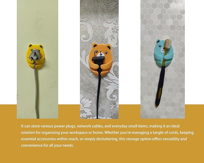 Louney Bear Style 4pcs Plug Wire Holders - Adhesive Power Outlet Hooks for Cord Management - Home and Dorm Room