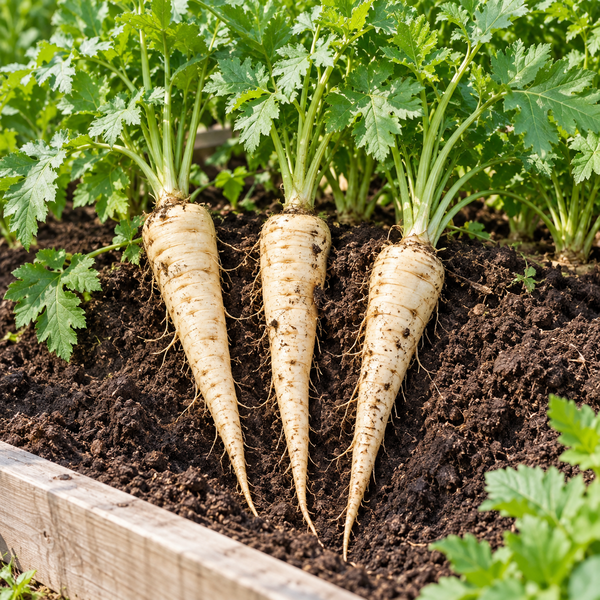 Three freshly harvested white parsnips with green leafy tops growing in dark soil within a wooden raised garden bed.