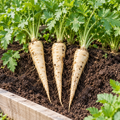 Three freshly harvested white parsnips with green leafy tops growing in dark soil within a wooden raised garden bed.