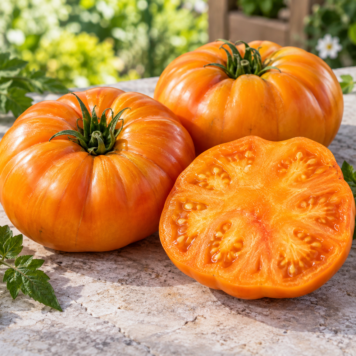 Ripe Amana Orange heirloom tomatoes growing on healthy garden vines