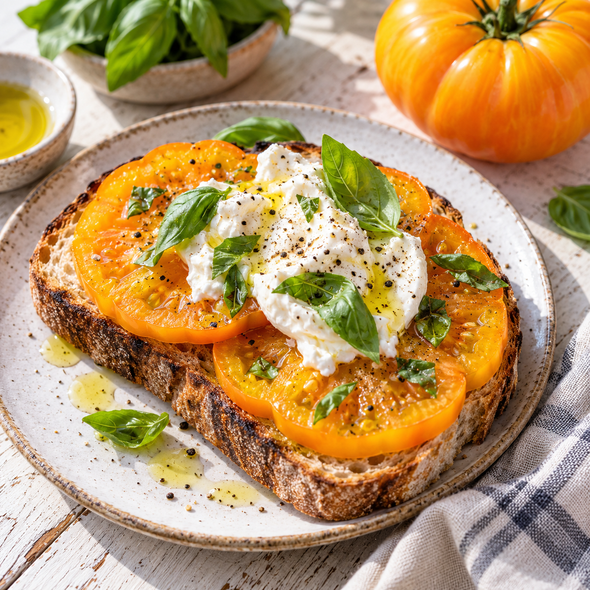 Amana Orange heirloom tomato toast with burrata basil and olive oil
