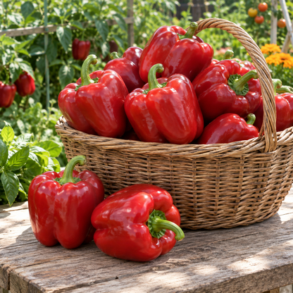 Large ripe Big Red sweet bell peppers with thick red walls