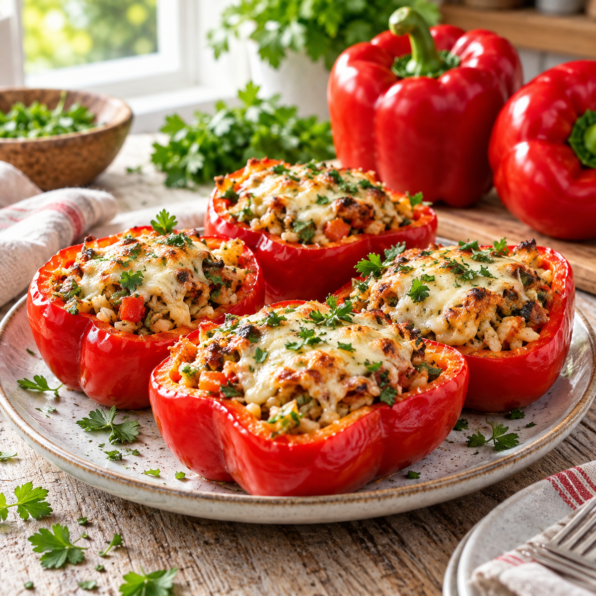 Freshly harvested Big Red sweet bell peppers in a garden basket