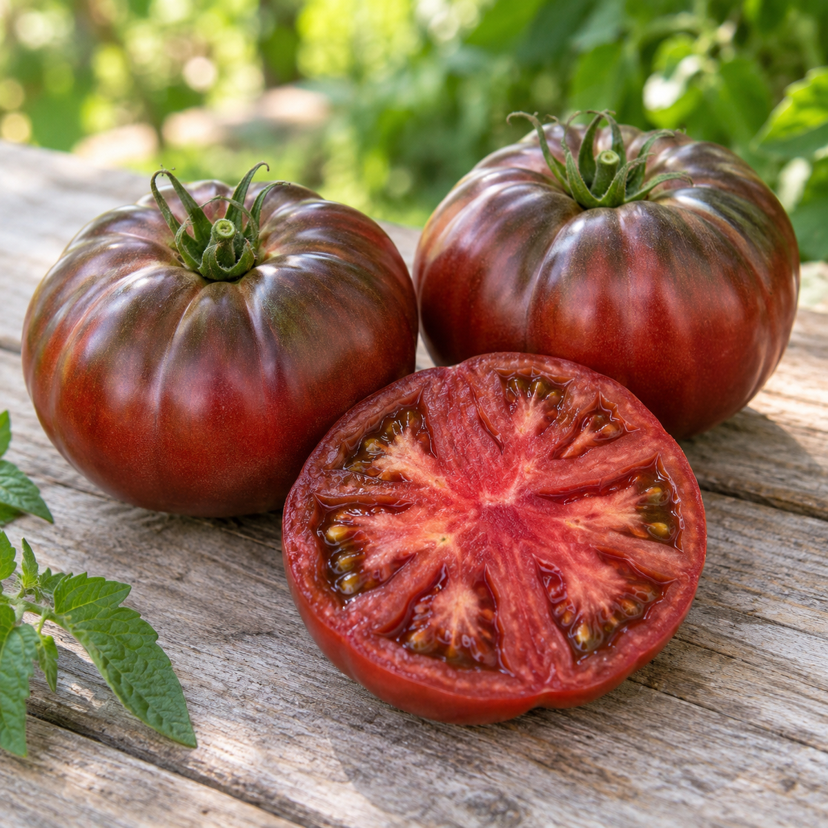Whole and sliced Black Brandywine heirloom tomatoes displayed on a rustic wooden table