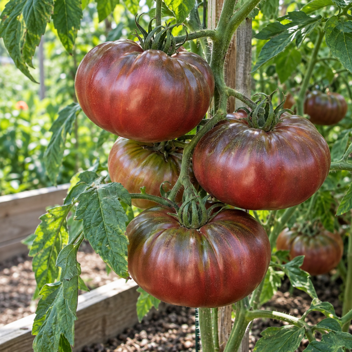 Ripe Black Brandywine heirloom tomatoes growing on a healthy vine in a sunny garden