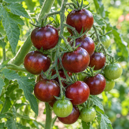 Ripe Black Cherry tomatoes growing in clusters on a healthy garden vine