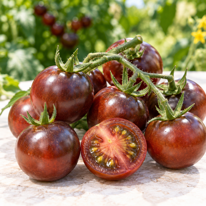 Mature Black Cherry tomato plant loaded with dark burgundy cherry tomatoes